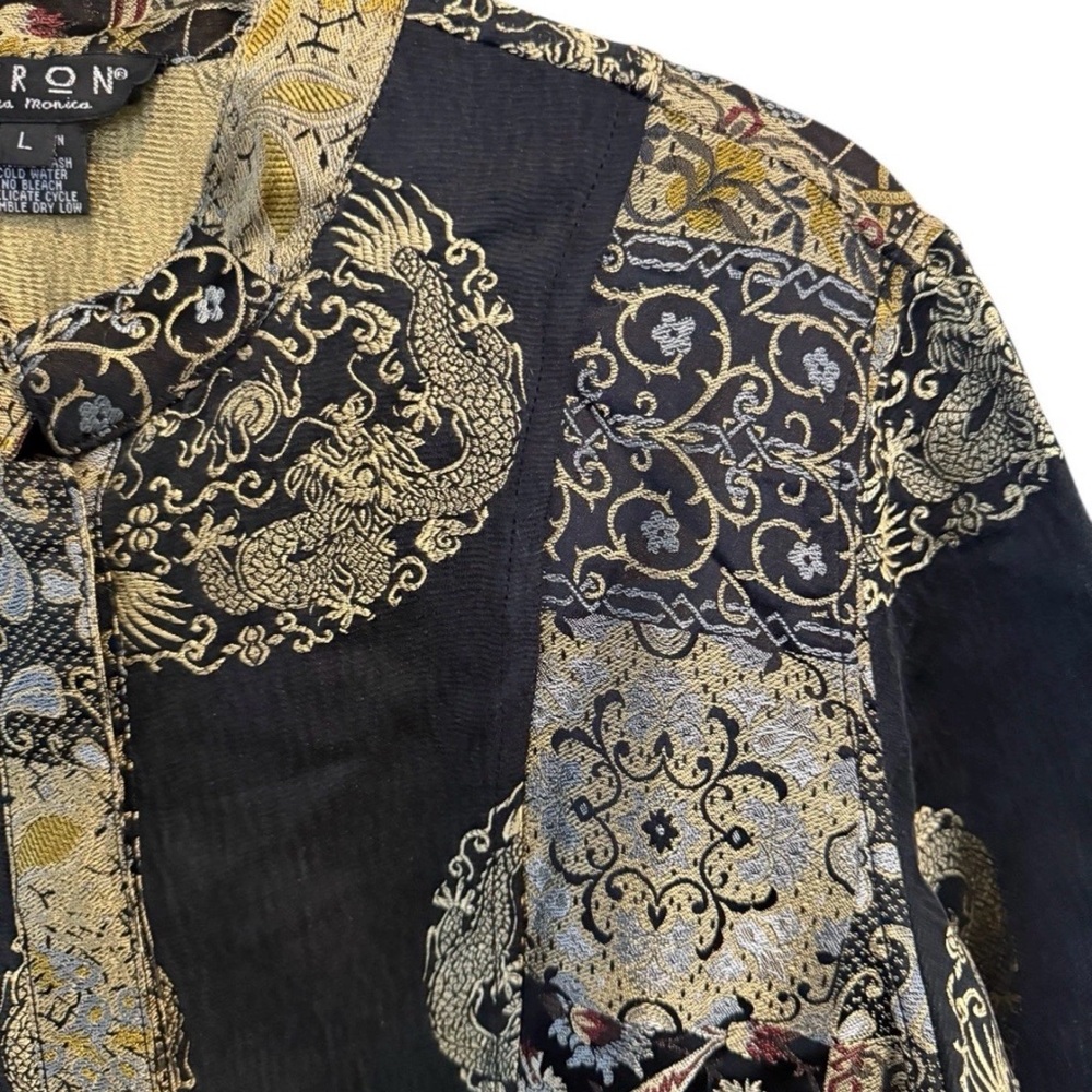 Citron Women’s Embossed Silk Duster Black and Gold Asian Art to Wear L - Picture 3 of 6